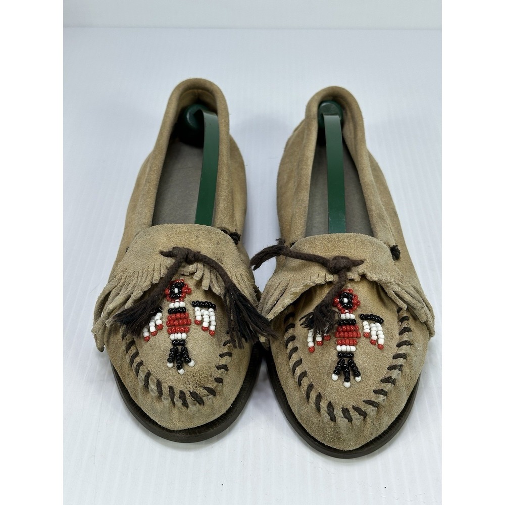 Minnetonka Thunderbird Moccasin Beaded Fringe Suede Leather Flats Beige Womens 8